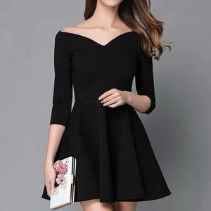 A Line V Neck Off the Shoulder Bracelet Sleeve Black Mini Dress